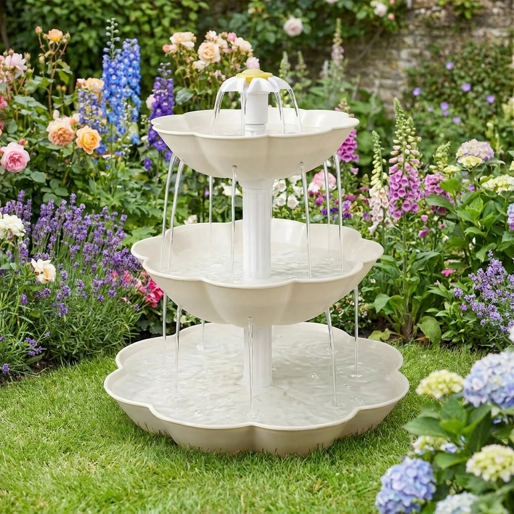 Solar Bird Bath Fountain 3-Tier Cascading Water Off-White in English garden
