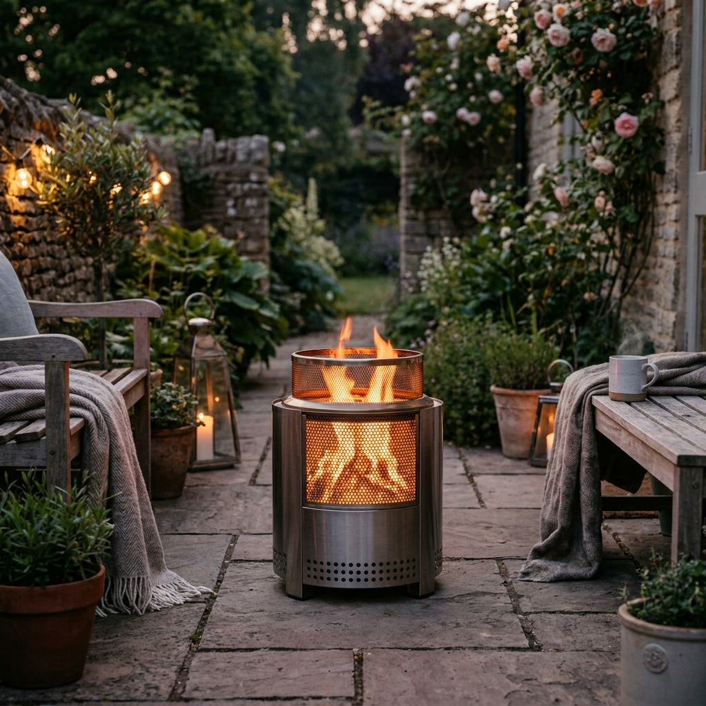 Smokeless Fire Pit stainless steel cylinder in English garden at dusk