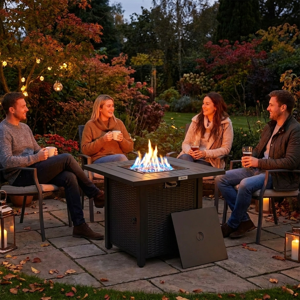 Gas Fire Pit Table – Rattan-Style Metal – 28in Square