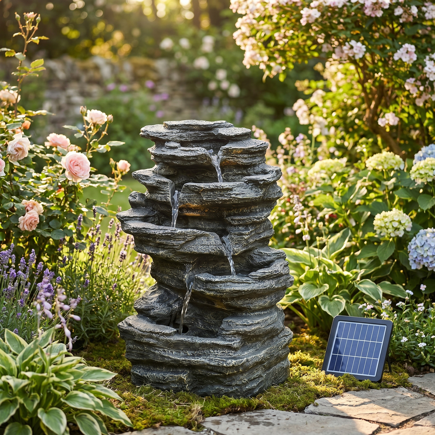 Solar Water Fountain – Natural Rockery Resin – Mixed Styles
