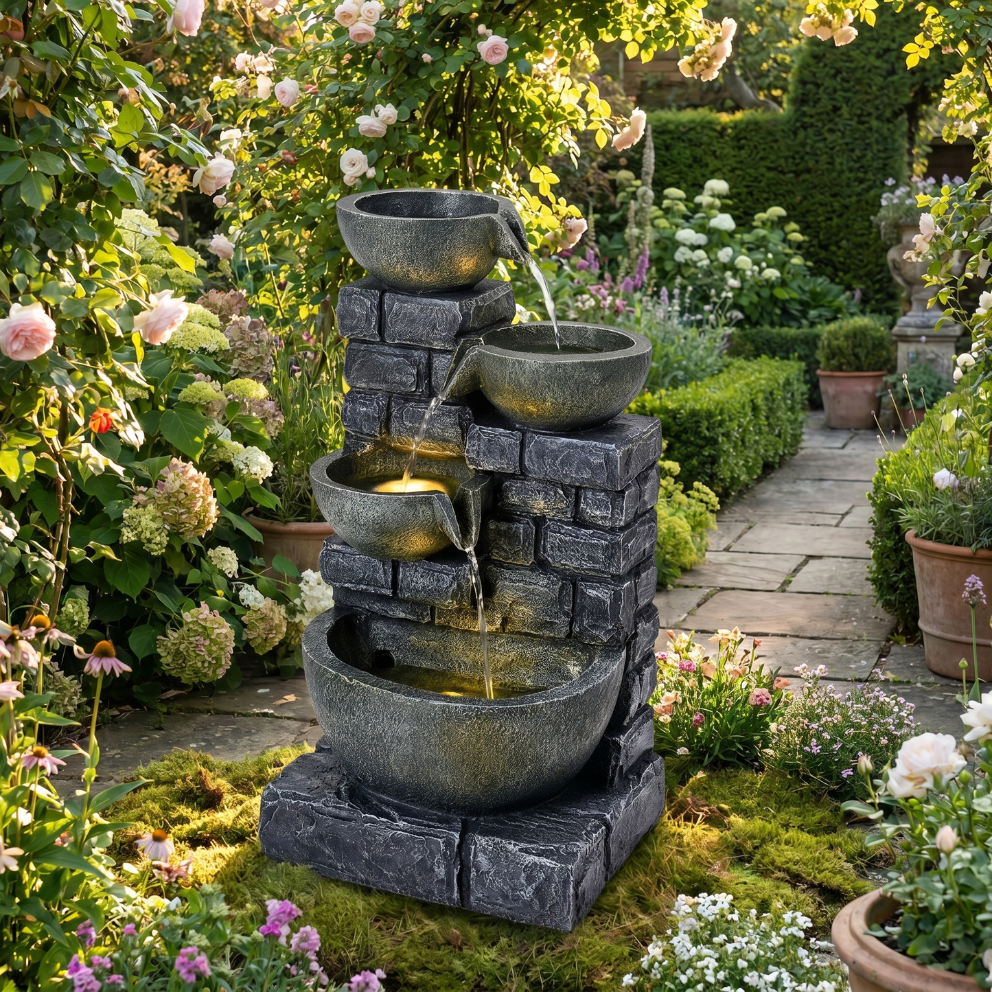 Solar Water Fountain – Resin Faux Brick Design – 18in Height