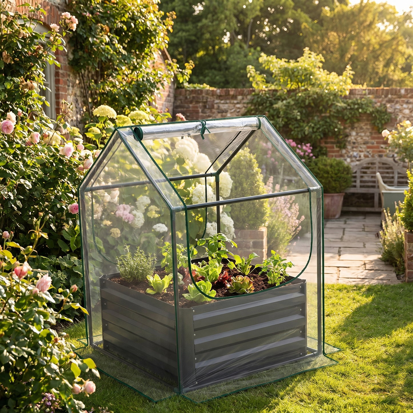 Raised Garden Bed with Greenhouse Cover – Galvanised Steel – 70cm