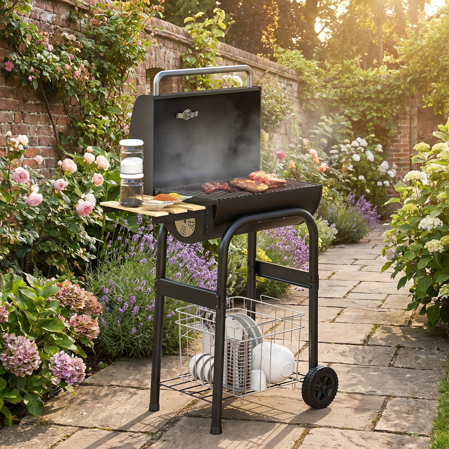 Charcoal BBQ Grill Trolley – Adjustable Vents & Thermometer – 83cm