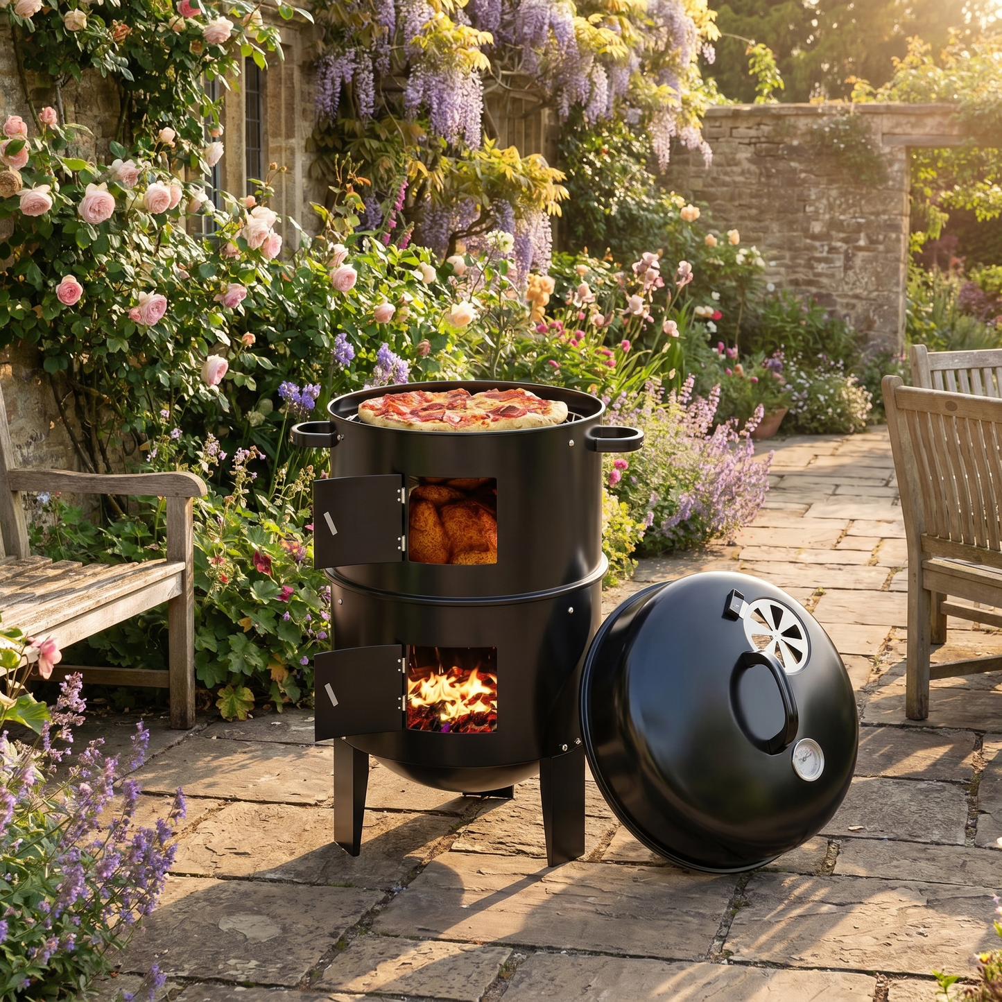 Upright Charcoal Smoker Grill – Galvanised Steel – 40cm Diameter