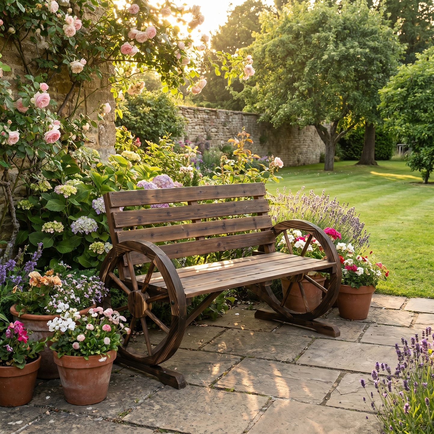2-Seater Garden Bench – Fir Wood Wagon Wheel – 105cm