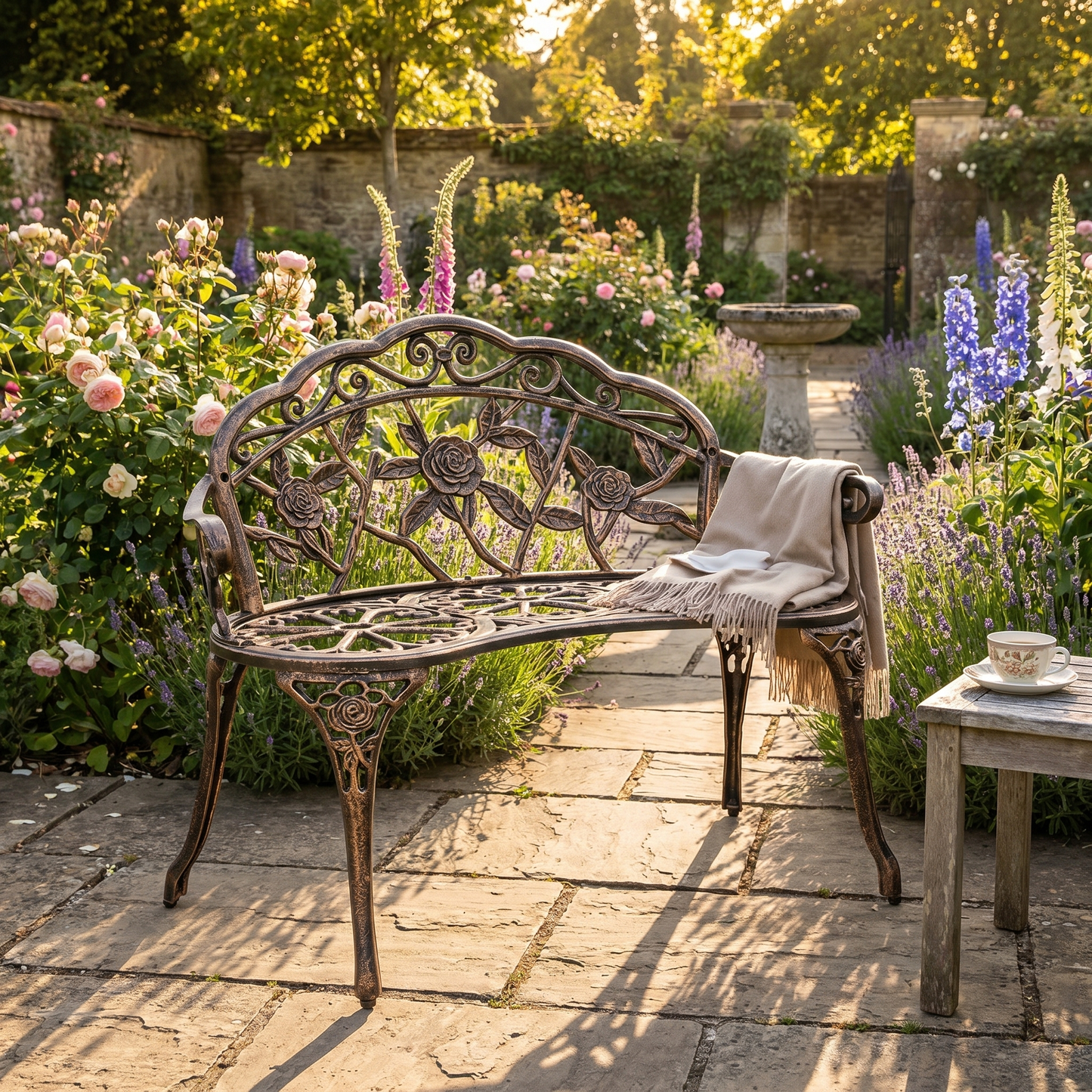 Garden Bench – Antique Bronze Cast Aluminum Rose Pattern – 98cm