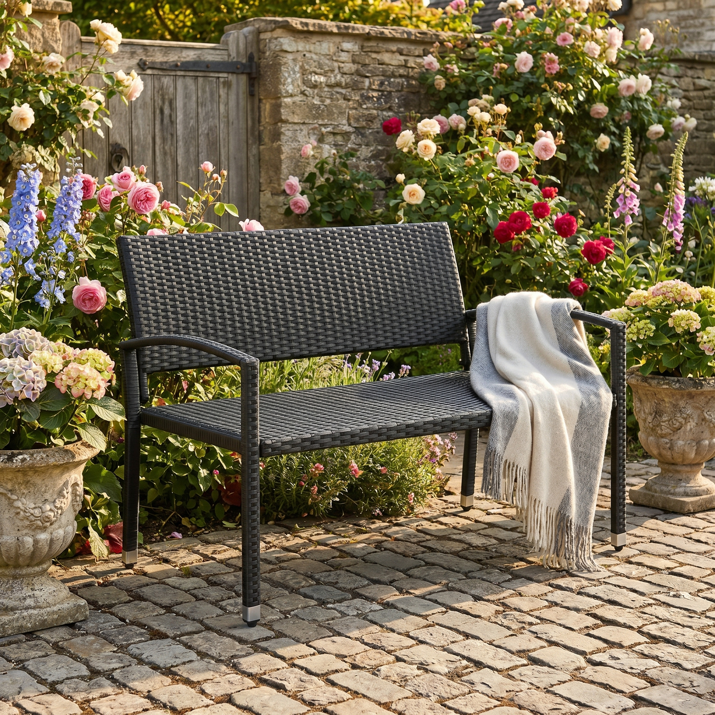 Rattan Garden Bench – Durable Weatherproof 2-Seater – 48in Wide