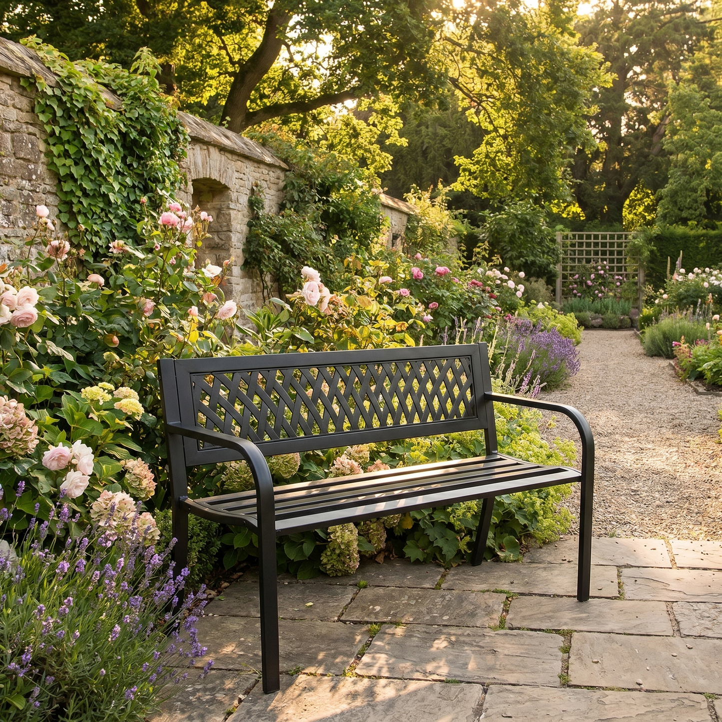 Garden Bench – Powder-Coated Metal with Lattice Back – 2 Seater