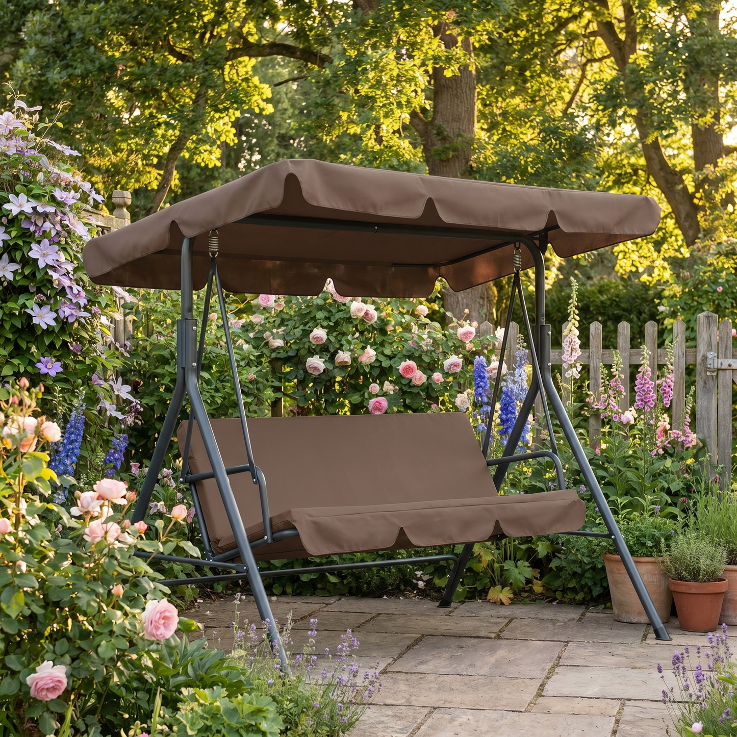 3-Seater Garden Swing Bench – Powder-Coated Steel – Adjustable Canopy