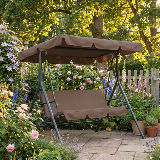 3-Seater Garden Swing Bench – Powder-Coated Steel – Adjustable Canopy