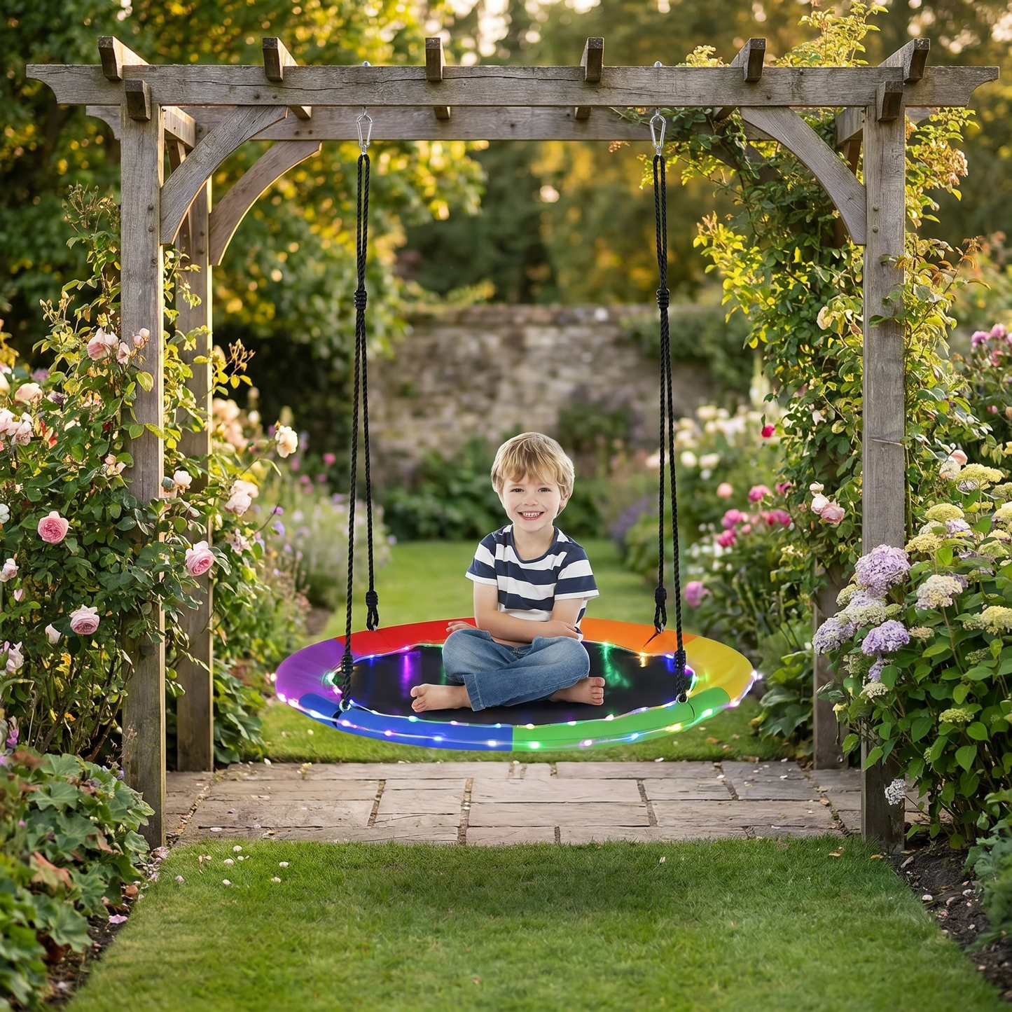 LED Flying Saucer Tree Swing – Weatherproof Oxford Fabric – 40-Inch
