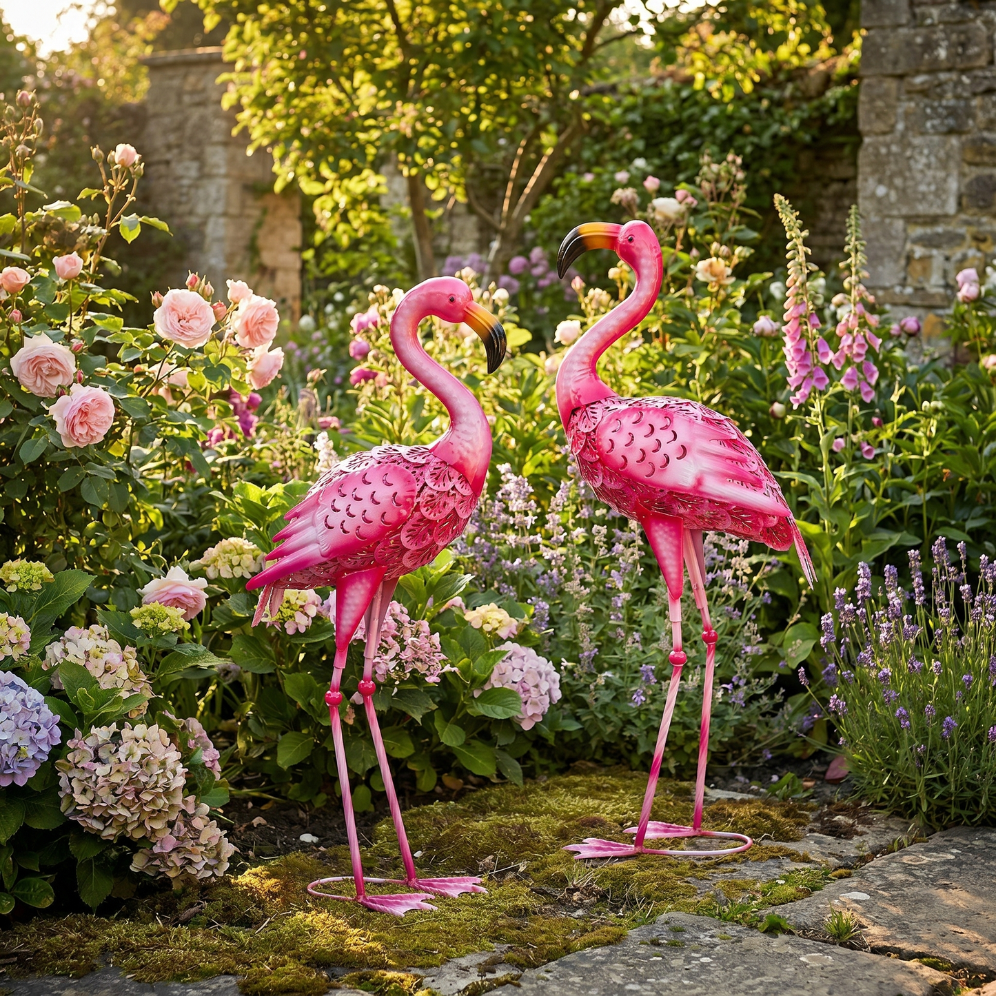 Flamingo Garden Statue – Weatherproof Metal – Set of 2
