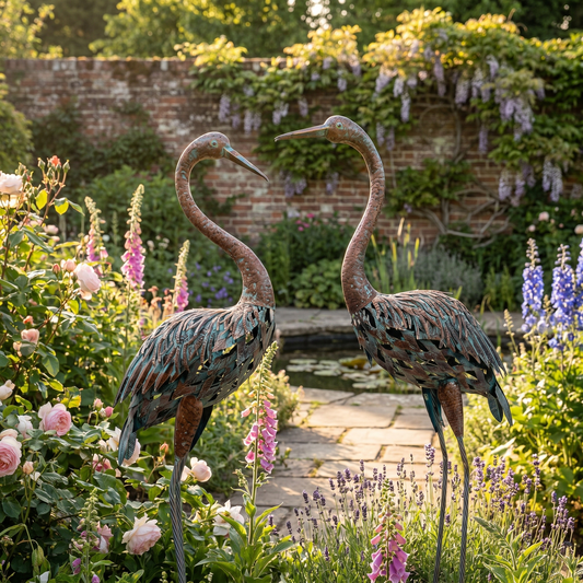 Garden Crane Statues – Hand-Finished Metal Bird Sculptures – Set of 2