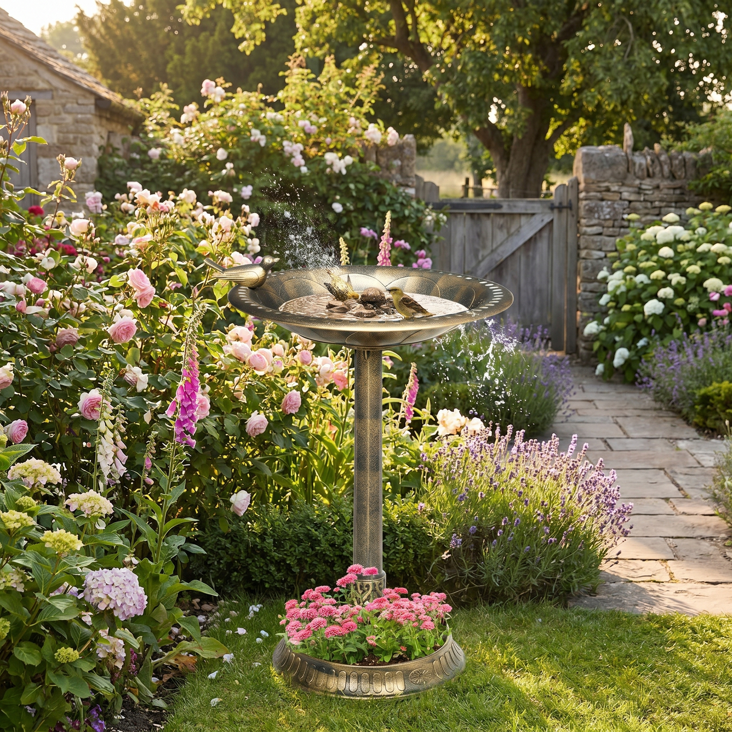 Bird Bath – Double Basin with Bird Statue – 28in Tall